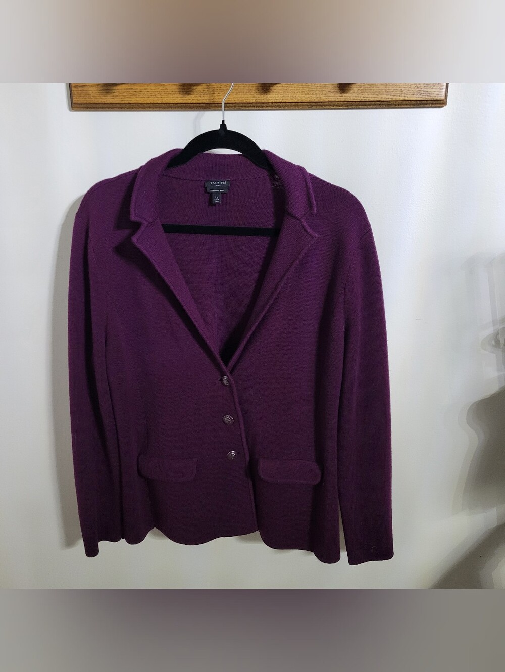 Talbots Pure Merino Wool Purple Button Front Cardigan Knit Sweater Blazer, Sz LP